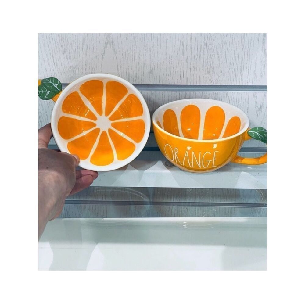 NWT Set of 2,Gorgeous Rae Dunn ORANGE Glossy Ceramic Mugs Set with leaf handle